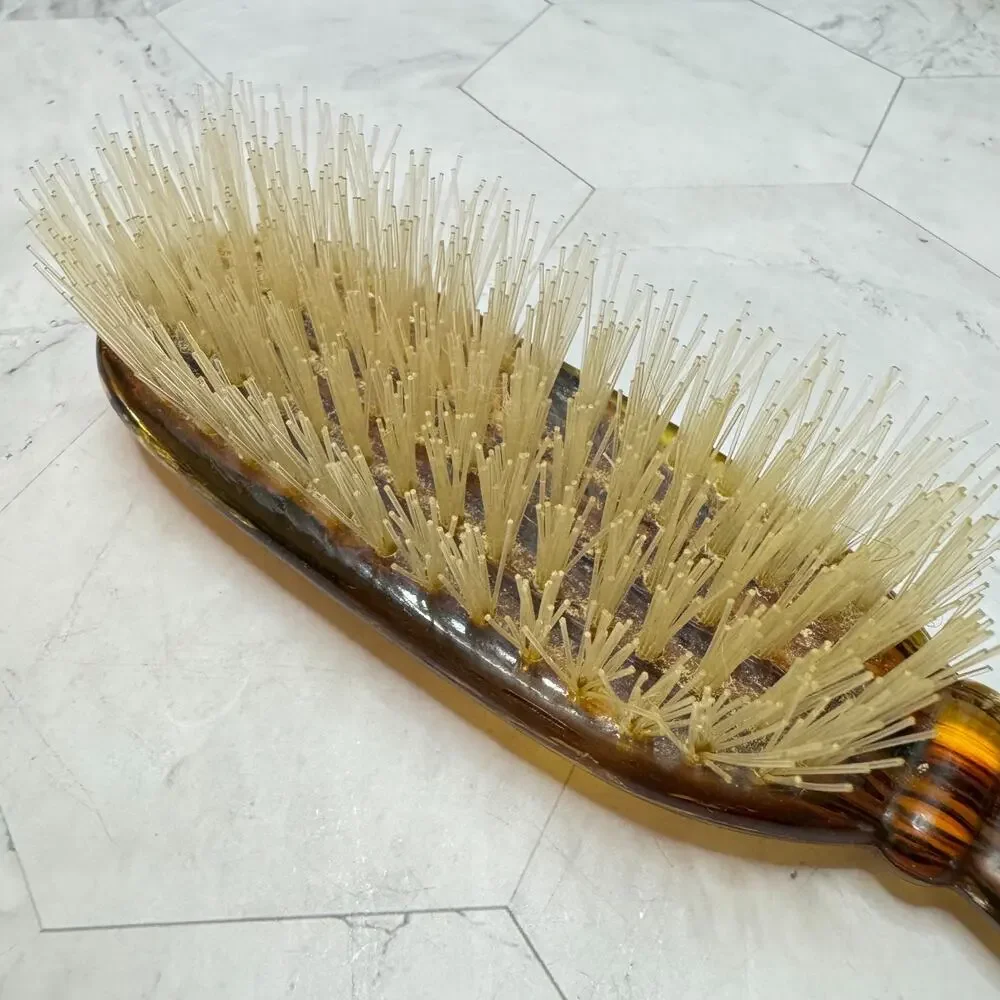 Vintage Amber Lucite Hair Brush Faux Tortoise Shell Nylon Bristles Floral Enamel
